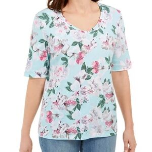 2X Plus Size Karen Scott Floral Pattern Elbow-Sleeve Length V-Neck Cotton Blend
